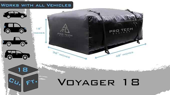 Voyager 18 Cubic Feet Waterproof Car Topper Luggage Carrier - Cargo Carrier for Top of Vehicle, Rooftop Cargo Bag Use with or Without Roof Rack, UV-Protected, 48 x 36 x 18 in, 4 Straps Included