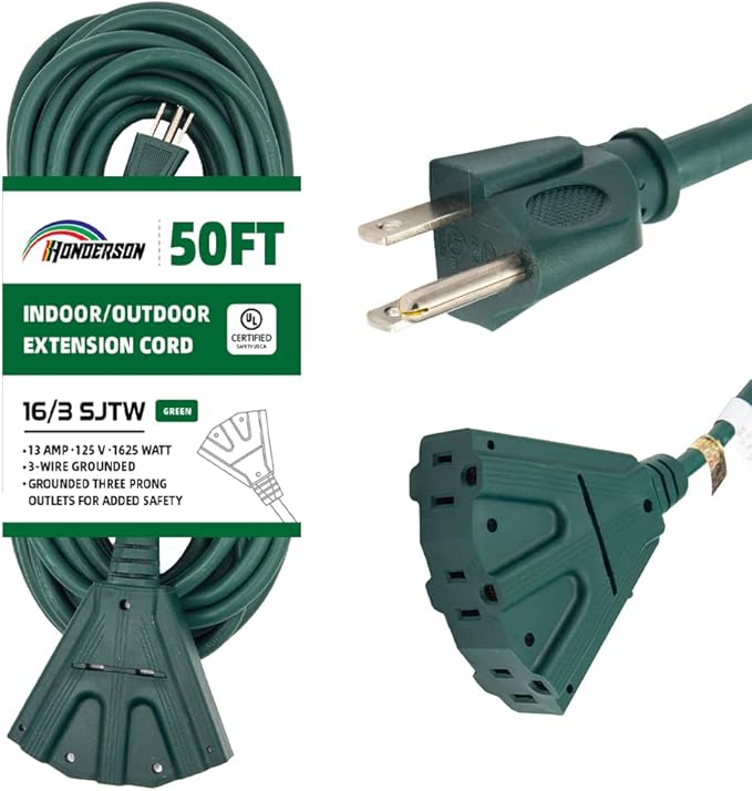 3-Outlets Indoor Outdoor Extension Cord Weatherproof, UL Certified, 16 Gauge 50FT Green 3 Prong Heavy Duty, 16/3 SJTW 13A Power Cord