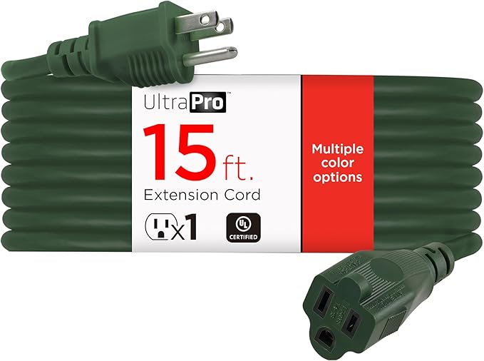 UltraPro Outdoor Extension Cord, 15 Ft, Heavy Duty 3 Prong Extension Cord, 16 AWG 125 VAC Outdoor Long Power Strip, ETL Listed, Green, 68306