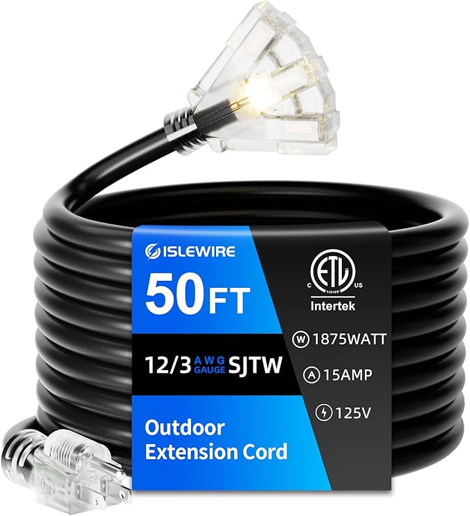50 FT Outdoor Extension Cord with Multiple Outlets, 12 Gauge Heavy Duty Black Extension Cord Waterproof with 3 Outlet, 3 Prong Power Cord for Garden and Home Use Indicator Light, ETL Listed