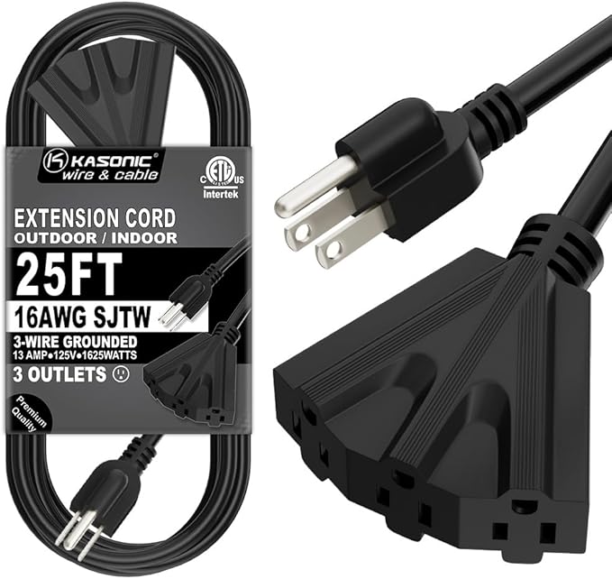 K KASONIC - 25 Ft Extension Cord with 3 Outlets, UL Listed 16/3 SJTW 3-Wire Grounded, 13A 125V 1625W for Indoor/Outdoor Use - Black