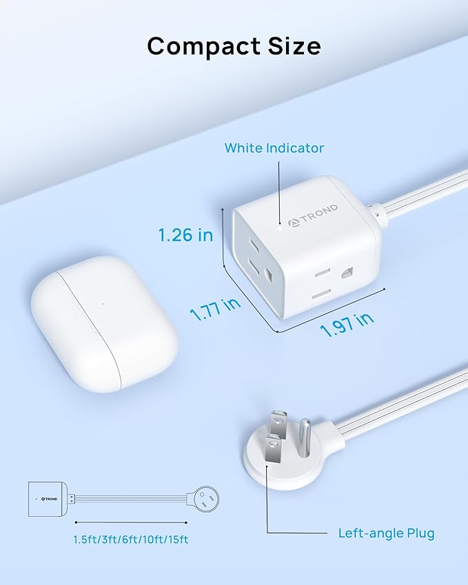 TROND Flat Extension Cord 6 Feet - Left Angled Flat Plug Power Strip, ETL Listed, 3 Plug Extension Outlets, Three Prong, SPT 16/3 Gauge, 13A, Small for Indoor Home Office Cruise Ship Travel, White