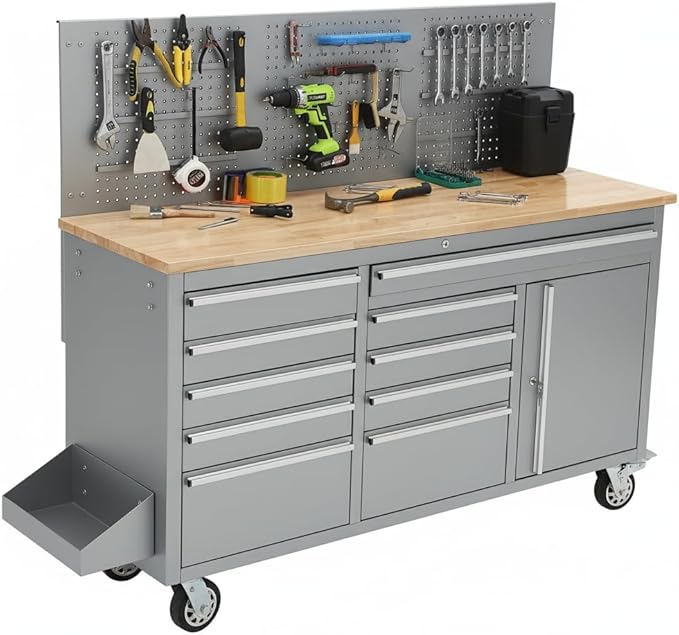Garvee 61-inch Rolling Tool Chest, 10 Drawers Garage Workbench Storage Tool Cabinet with Power Strip, Solid Rubber Wood Top, 1675 LBS Load Mobile Workstation, Heavy Duty Rolling Cabinet