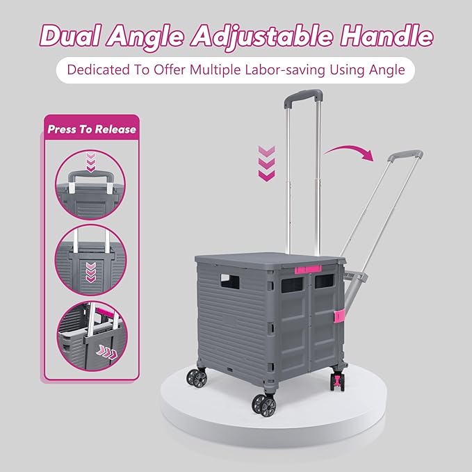 SELORSS Foldable Utility Cart Rolling Crate Handcart Shopping Cart with Rotate Wheels Extended Magnetic Lid Telescoping Handle Adjustable Angle for Transports Groceries Office Teacher File(Gray)