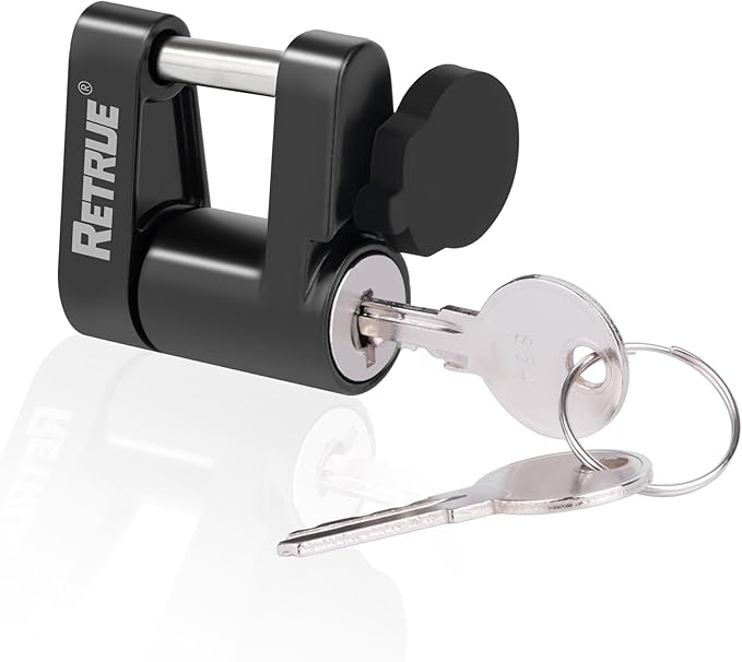 RETRUE Trailer Tongue Coupler Lock with Cap, Trailer Hitch Lock, Dia 1/4 Inch, 3/4 Inch Span for Tow Boat RV Truck Car's Coupler, Black and Silver