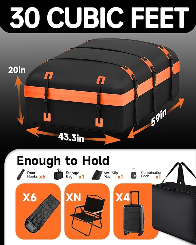 Car Rooftop Cargo Carrier Bag 30 Cubic Feet, Soft-Shell Luggage Cargo Bag Waterproof Bag, Include 2 Reinforced Straps, 6 Door Hooks, Anti-Slip Mat, Luggage Lock