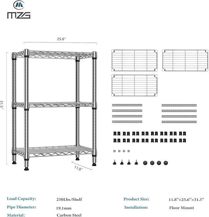 M MZG 750 lbs 3 Tier Shelf Metal Storage Shelves Wire Rack Closet Organizers for Garage Kitchen Bathroom Laundry Chrome 11.8" D x 25.6" W x 31.5" H