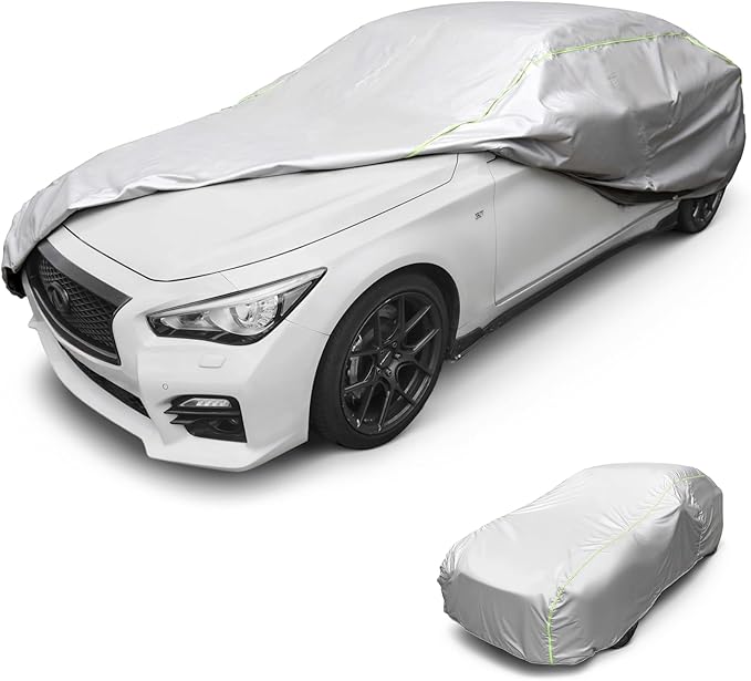 J&J Heavy Duty car Cover,300D&Soft Lining,Driver&Trunk Zipper,Withstand Wind,Car Cover Waterproof All Weather,Protect Vehicle Painting,Car Covers for Automobiles (Sedan, Silver-C5)