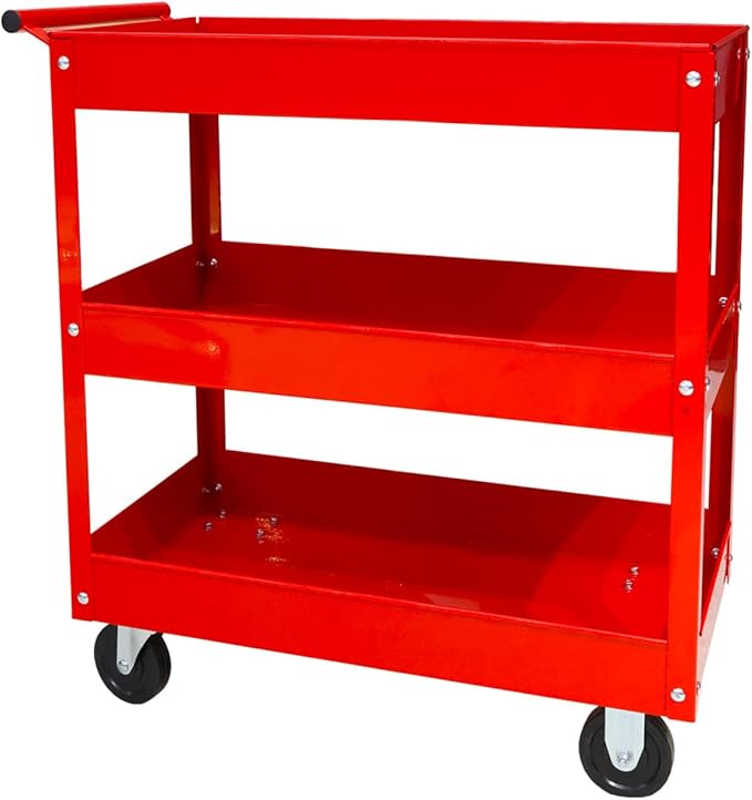 BIG RED Steel Rolling Service Tool Cart with 3 Tires , Heavy Duty Utility Cart on Wheels with Two Brake for Office，Kitchen，warehouse,400 lbs Capacity,Red