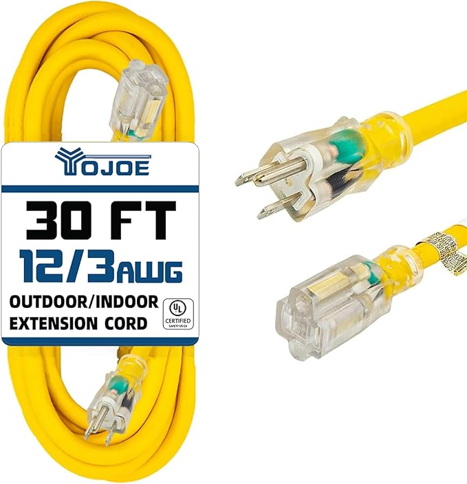 YOJOE Indoor Outdoor Extension Cord with Lighted End, 3 Prong 15A Weatherproof Power Cord, 12 Gauge Heavy Duty 30 ft Yellow Extension Cord for Garage, Garden and Home, 12/3 SJTW UL Listed
