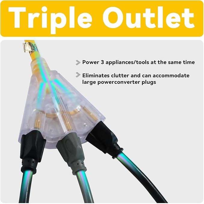 EP 20 Ft 12 Gauge Heavy Duty Extension Cord, 15A 125V 1875W, 3 Outlet Indoor/Outdoor Power Cord with Lighted End, 12/3 SJTW Weatherproof Yellow