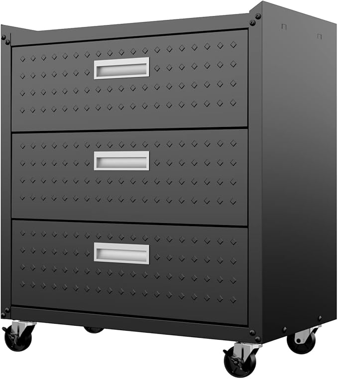Manhattan Comfort Fortress 31.5-Inch Rolling Garage Tool Chest, 3-Drawer Lockable Mobile Storage Cabinet, Diamond-Textured Steel Utility Organizer with Wheels for Basement, Workshop in Charcoal Grey