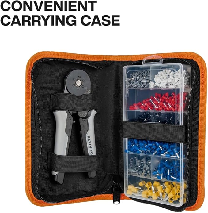 Klein Tools 34061 Ferrule Crimping Tool Set with Ratcheting Hex Crimper Pliers, 1200 Wire Terminals (10-22 AWG), and Soft Carrying Case for Electrical Applications