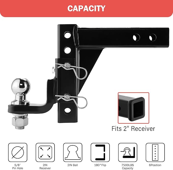 OPENROAD Adjustable Trailer Hitch Ball Mount - Fits 2-Inch Receiver, 2" Tow Balls, 7500lbs, 9-1/2" Drop/ 8-1/4" Rise, Heavy Duty Truck Hitch with Pin Lock