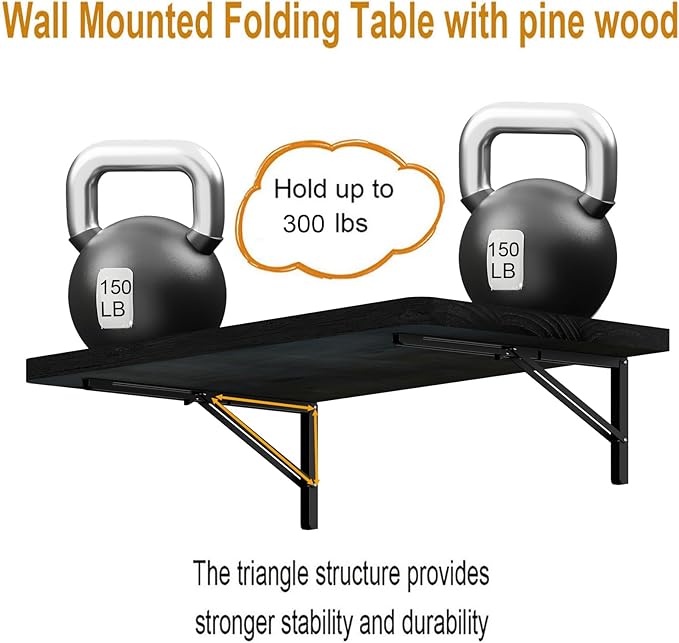 IAE Floating Wall Mounted Folding Table Desk with Pine Wood,36" x 22" Folding Workbench,Fold Down wall Mounted FoldableTable with Shelf Brackets,Laundry Folding Table for Apartment,Home,Kitchen,Black