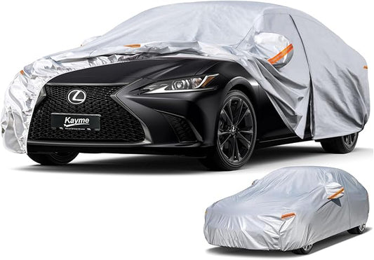 Kayme 6 Layers Car Cover Custom Fit for Lexus ES ES300 ES330 ES350 ES300h (2001-2025) Waterproof All Weather for Automobiles, Outdoor Full Cover Rain Sun UV Protection.Silver