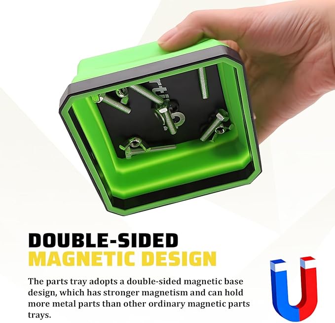 Collapsible Magnetic Car Parts Tray, Foldable Silicone Tool Tray with Magnetic Base, Double-Side Magnet Bowl for Auto Bolts, Screws, Nuts, Small Metal Parts, Universal Fit (Green)