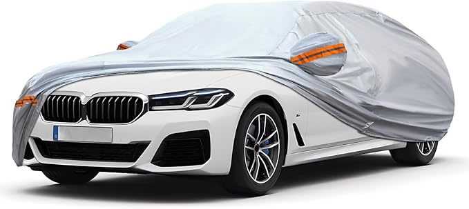 KEYOOG Car Cover, Fit for 188"-198" Length Sedan, 6-Layer All-Weather Waterproof, Universal in All Seasons, Snow Prevention, Rainproof, Acid Rainproof, Sunscreen, Orange Reflective Strip