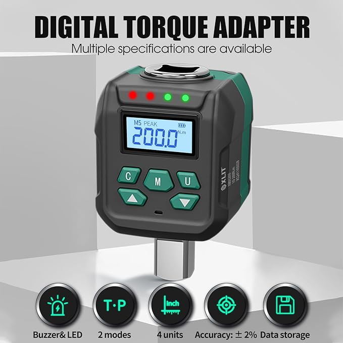 1/2" Digital Torque Adapter Set with Socket Adapters (1/4", 3/8") - 2% Accuracy, 7.4-147.5 ft-lb, Buzzer & LED Alerts, Working with Ratchet Wrench, Breaker Bar - for Automotive, Motorcycle & Car