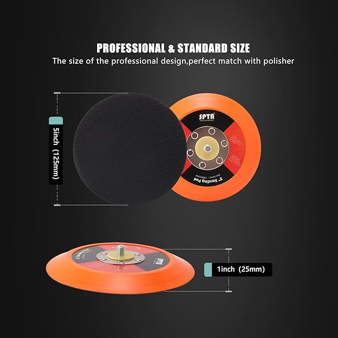 SPTA 5"(125mm) Backing Pad Hook and Loop Backing Plate 5/16"-24 Thread DA Air Random Orbital Sander/Polisher Backing Pad with 5" Interface Cushion Pad for Sanding Finishing Polishing Buffing