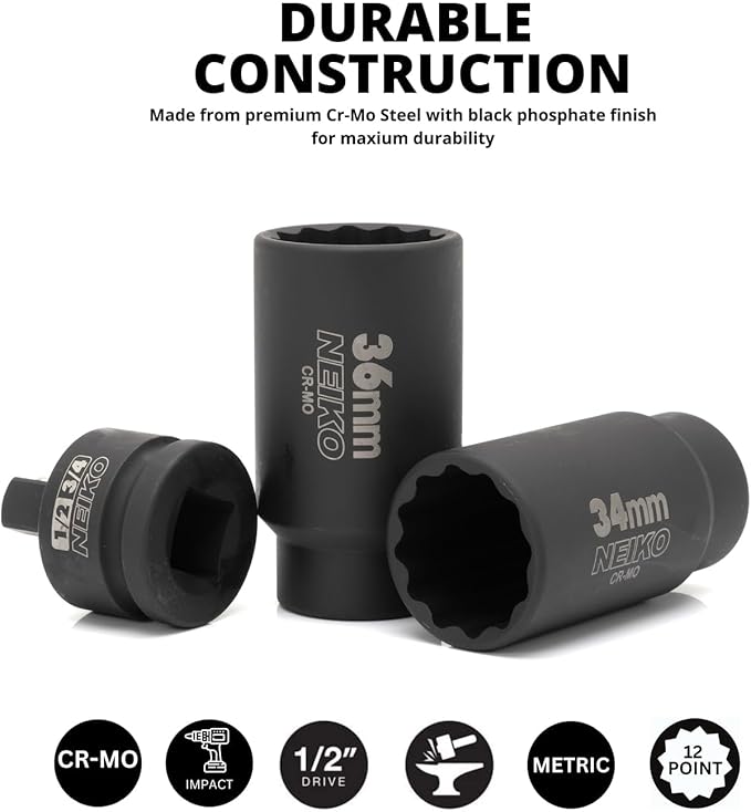 NEIKO 02530A 5 Piece 12 Point Socket Set 1/2” Drive, Lug Nut Remover, Spindle Nut Socket, Axle Nut Socket Set, Metric 30mm - 36mm Socket 1/2 Drive Impact Set, Cr-Mo Impact Adapter, 3/4" - 1/2” Reducer