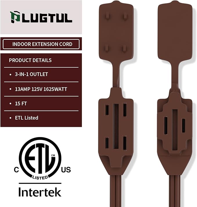 PLUGTUL Indoor Brown Extension Cord 15 Feet, 3-Outlet Household Extension Cord, 2 Prong, 16 Gauge, 3 Polarized Outlets with Safety Cap Protect for Home Office, 16/2 SPT-2 ETL Listed