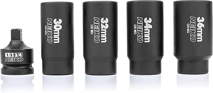 NEIKO 02530A 5 Piece 12 Point Socket Set 1/2” Drive, Lug Nut Remover, Spindle Nut Socket, Axle Nut Socket Set, Metric 30mm - 36mm Socket 1/2 Drive Impact Set, Cr-Mo Impact Adapter, 3/4" - 1/2” Reducer