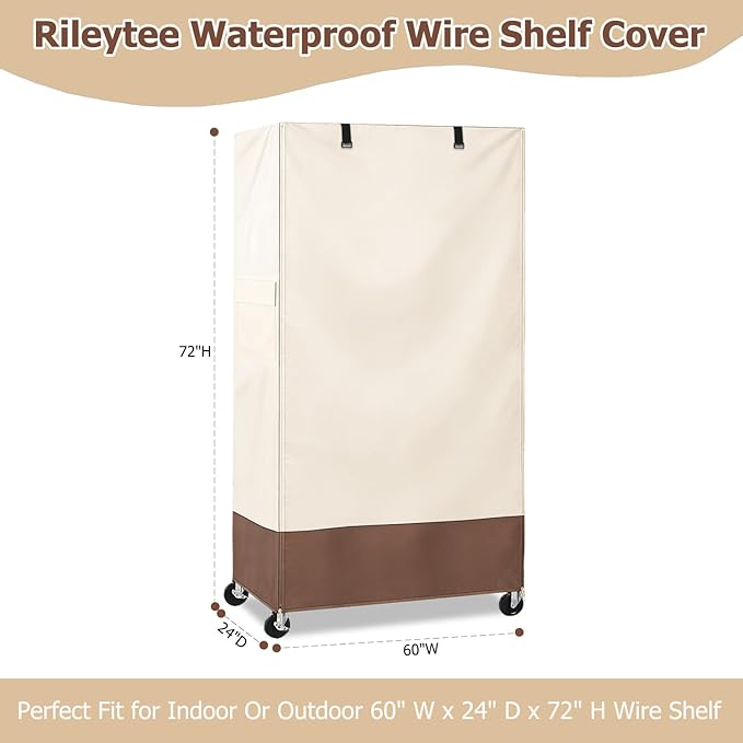 Rileytee Wire Shelf Cover,Heavy Duty 600D Dustproof Waterproof Shelf Covers for Wire Shelving,Outdoor Storage Rack Cover for Rack with Zipper,60"W x 24"D x 72"H,(Beige & Brown)