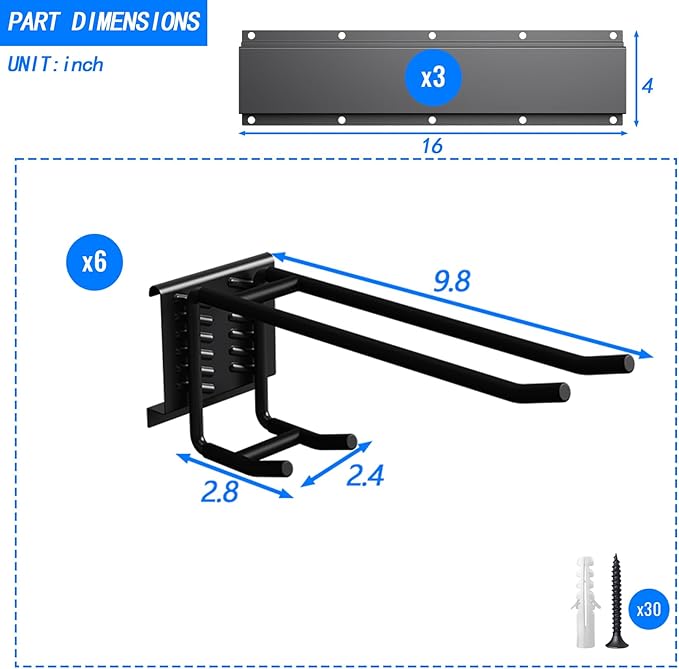CBWLWJ 48 Inch Garage Tool Organizer Wall Mount - Heavy Duty 480 lbs Capacity Tool Rack with 6 Adjustable Bilayer Hooks, Wall Mounted Storage System for Garage, Shed, Workshop (Black)