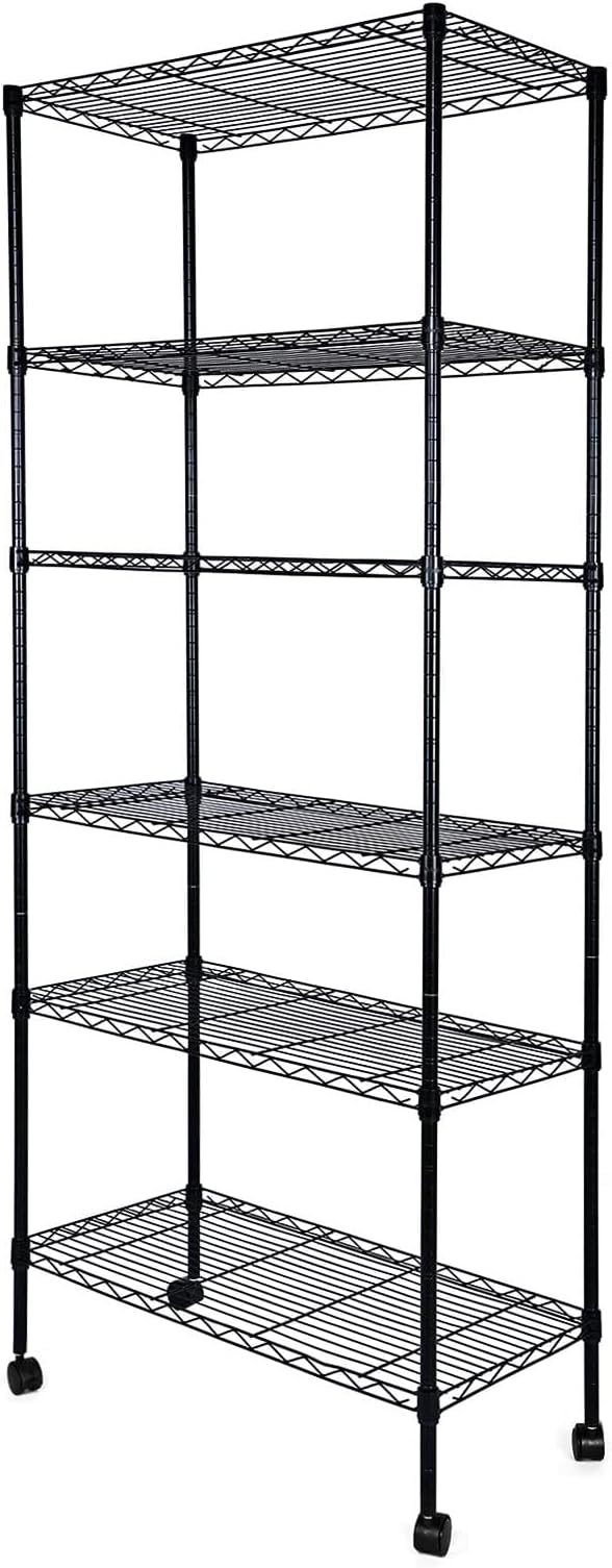 Simple Deluxe 6-Tier Shelving Units, 29.92'' W x 13.98'' D x 71.65'' H Adjustable Wire Shelving with Hanging Hooks and Wheels, Black