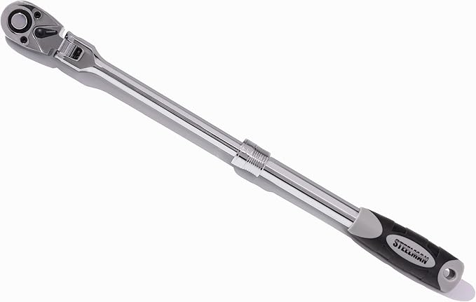 Steelman Pro 1/2-inch Drive 72-Tooth Extendable Flex-Head Ratchet (13.5-19-Inch Length), Heat-Treated Chrome-Vanadium Steel, Quick Release, Comfort Grip, Ideal for Auto Mechanics/Confined Spaces
