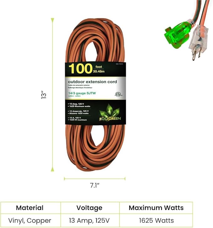 Go Green Power Inc. 14/3 100ft Lighted Outdoor Extension Cord - Durable, Heavy Duty - Perfect for Outdoor Tools & Equipment - GG-13800