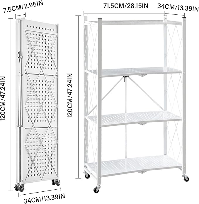 Foldable Storage Shelves with Wheels, Folding Shelving Units Storage, Heavy Duty Metal Collapsible Shelf No Assembly, Large Capacity Pop-Up Organizer for Garage,Kitchen,Living Room, 4-Tier White