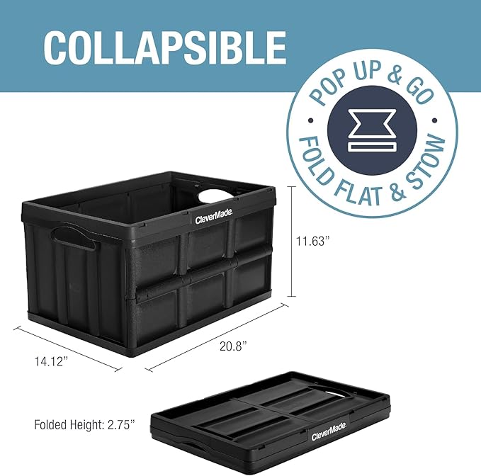 CleverMade Collapsible Storage Bins 46L (3-Pack) – Heavy Duty Collapsible Plastic Storage Bins, Stackable Folding Storage Bins for Car, Garage, Home Organization - Foldable Bins, Obsidian