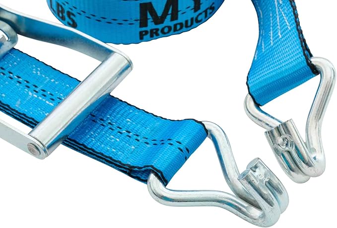 Mytee Products (10 Pack 2 Inch x 27 FT Blue Ratchet Strap with J Hooks - 10,000 Lbs Breaking Strength - Heavy Duty Tie Down Cargo Truck Straps with Wire Hooks for Flatbed, Truck, Trailers Pickup