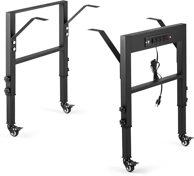 19.6-Inch Depth Workbench Frame, Height Adjustable 28.5" to 33.8",Set of 4 Metal Wheels with Brakes, Heavy Duty Industrial DIY Furniture Legs for Study（Power Outlets/Wheel）