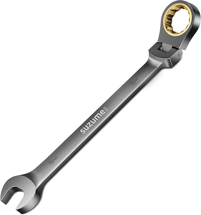 SUZUME 15mm Flex Head Ratcheting Wrench Metric 72 Teeth Cr-V Steel 15K+ Cycle Locked Gears with 180° Flexible Head Black Nickel Coating