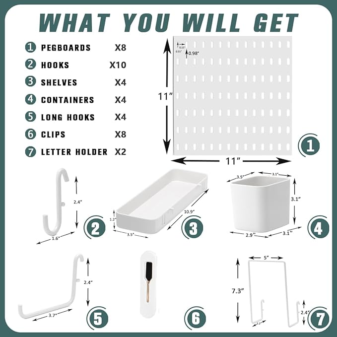 MULSAME Pegboard Combination Kit, Wall Mounted Storage Set with 8 Pegboards & 32 Accessories Hanging, White Peg Boards Organizer for Walls Display, Crafts Organization, Kitchen Organizer, 22" x 44"
