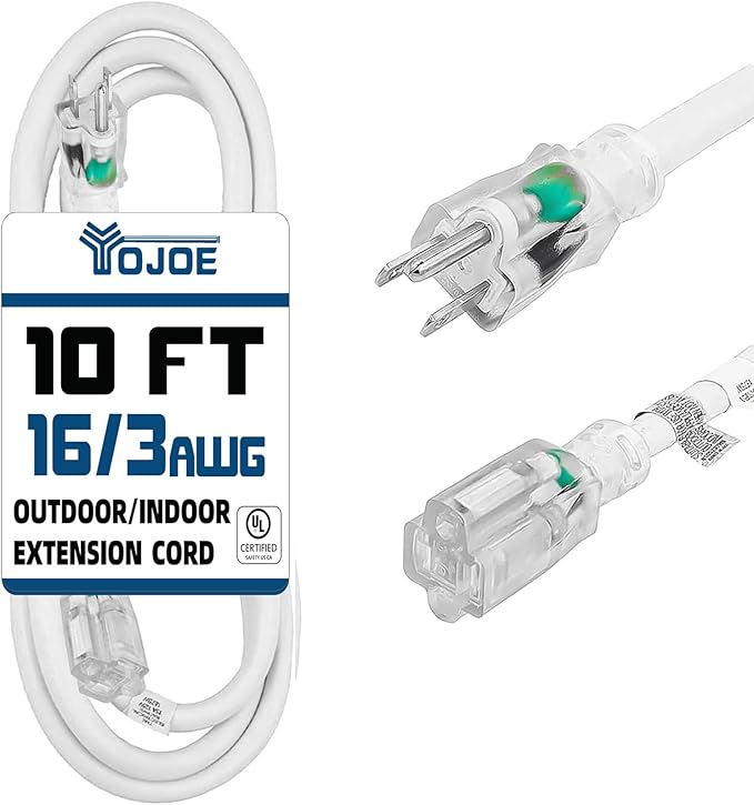 YOJOE Indoor Outdoor Extension Cord with Lighted End, 3 Prong 13A Weatherproof Power Cord, 16 Gauge Heavy Duty 10 ft White Extension Cord for Garage, Garden and Home, 16/3 SJTW UL Listed