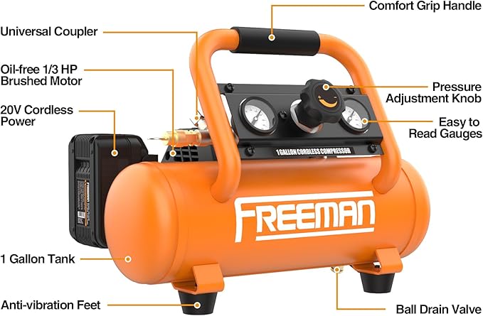 Freeman F20 20V Cordless 1-Gallon Air Compressor with 4.0Ah Battery & Charger | 1/3 HP, 700 Shots Per Charge | Portable, Oil-Free, for Nailers & Tire Inflation | PE20V1GCK