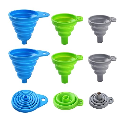 6 Pack Silicone Collapsible Funnels for Kitchen Use Filling Bottles, 3 Small and 3 Large Food Grade Kitchen Funnel Set for Filling Water, Oil, Spices, Powder – Silicone Funnels with Hook for Storage