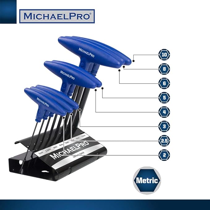 MichaelPro 8-Piece T-Handle Ball End Allen Wrench Set, Metric Hex Key Set (2mm-10 mm), CR-V Steel, Ball End Design for Tight Space Flexibility, Storage Stand Included (Metric, Blue) - MP001042