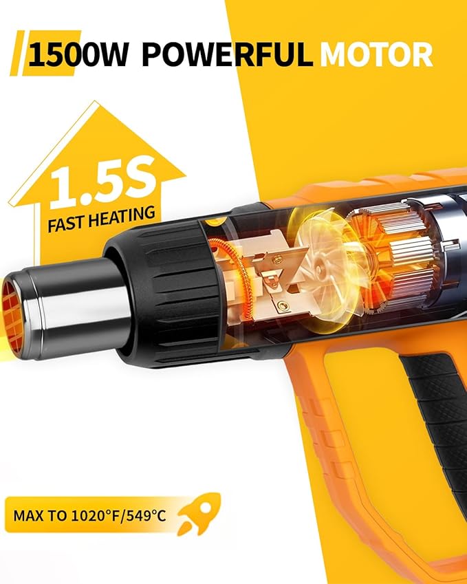 Tarlido Heat Gun 1500W 120°F-1020°F(50°C-550°C) Fast Heating Heavy Duty Hot Air Gun Kit Variable Temperature Control Overheat Protection with 4 Nozzles for Crafts, Shrinking Pvc, StrippingPaint