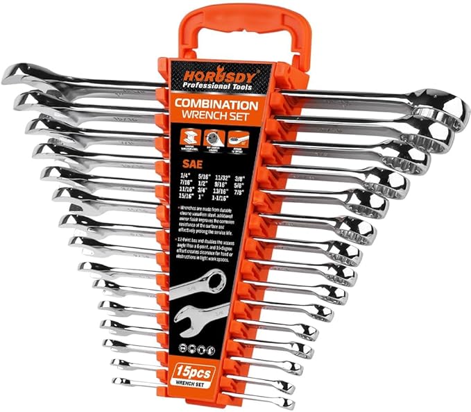 HORUSDY 15-Piece SAE Wrench Sets, Premium Combination Wrench Set Metric 1/4in-1 in, Max Torque, 12-Point, Chrome Vanadium Steel, with Storage Rack