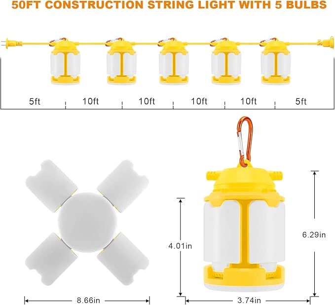 50FT Construction String Lights, 150W LED Industrial Grade 3 Adjustable Light Panels 15000LM Super Bright for Construction Sites,Temporary Work, Jobsite,Outdoor Lighting with 5 Bulbs and Climbing Hook