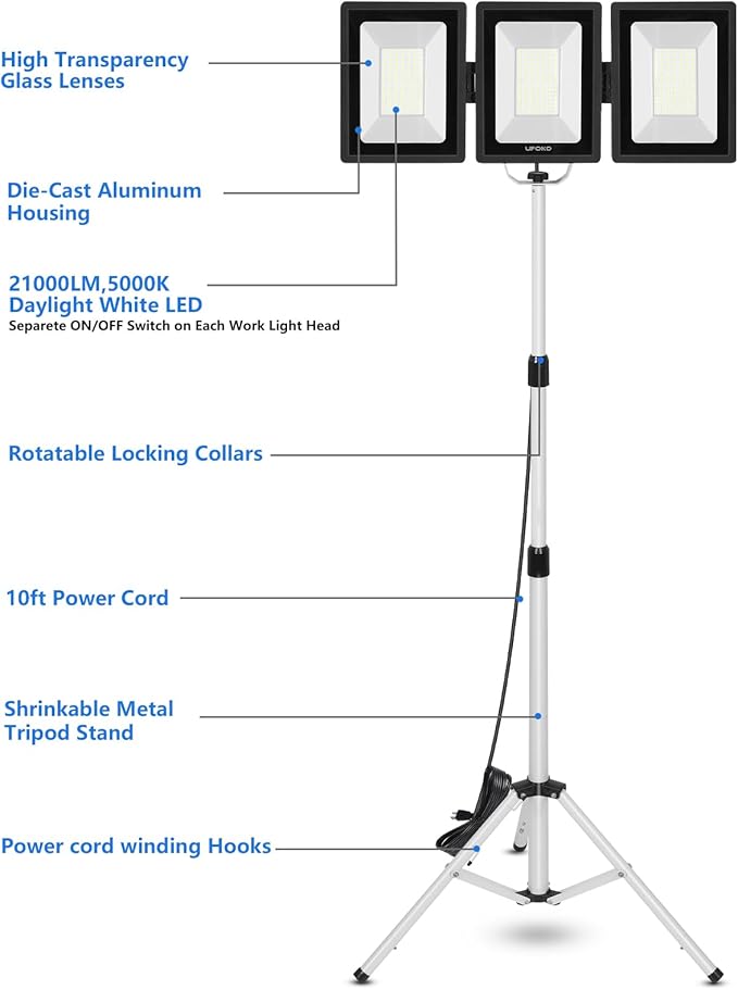 UFOND 21000 Lumens LED Work Light with Stand, 3-Head Foldable White Worklight with Separate Switches, Telescoping Tripod 10Ft Cord, Waterproof Job Site Light, for Garage Construction Camping