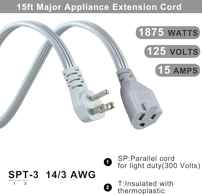 KUNCAN Appliance Power Extension Cord - 3 Prong Flat Wire SPT-3 14 AWG Heavy Duty Male to Female Extender Low Profile Grounded Cable for Major AC Unit, Air Conditioner, Refrigerator (15 Feet)