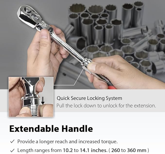 FIRSTINFO F3222NC 3/8-Inch Drive Locking & Flexible Extendable Ratchet Wrench Reversible, Soft-Grip with 72-Tooth Geared Action (Length: 10.2 to 14.1 inches)