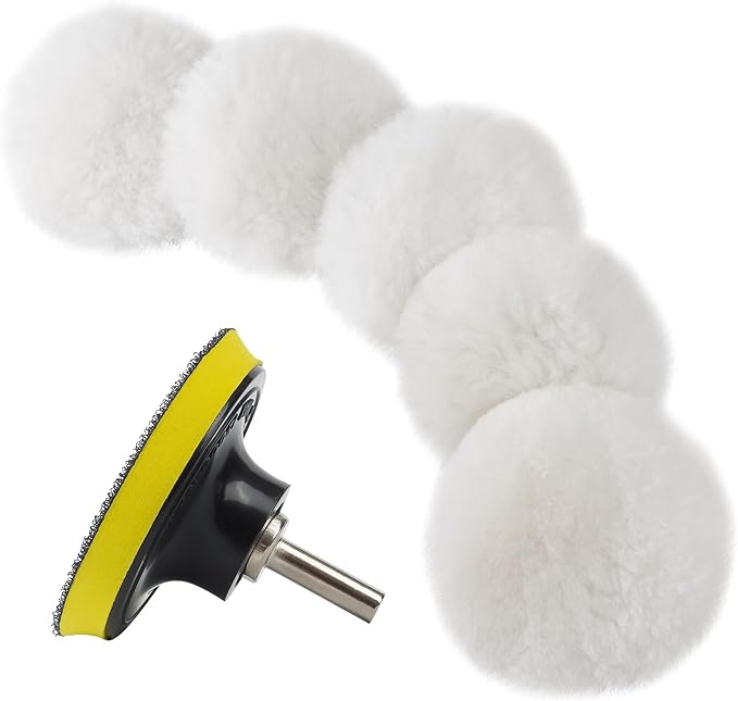 S SATC Wool Polishing Buffing Pad Set with 5PCS 3 Inch Wool Buffing Wheel for Drill, Hook and Loop Back Pad with M10 Drill Adapter, Compound Waxing and Polishing for Car Polisher