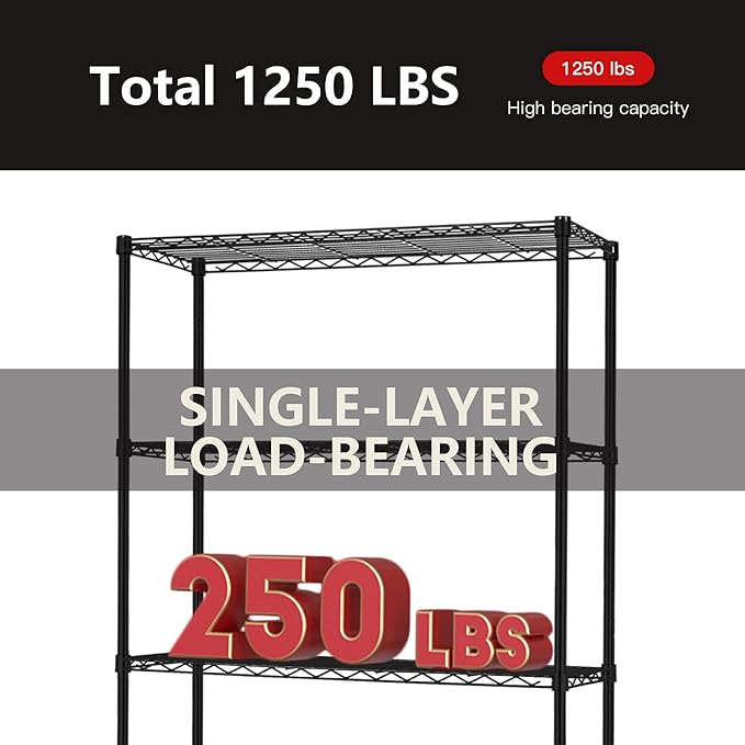 5 Tier Wire Shelving Unit 72"x36"x14"Storage Shelves Metal Wire Shelf Storage Rack Adjustable Commercial Organizer Heavy Duty Layer Unit for Restaurant Garage Pantry Kitchen Office (Black)